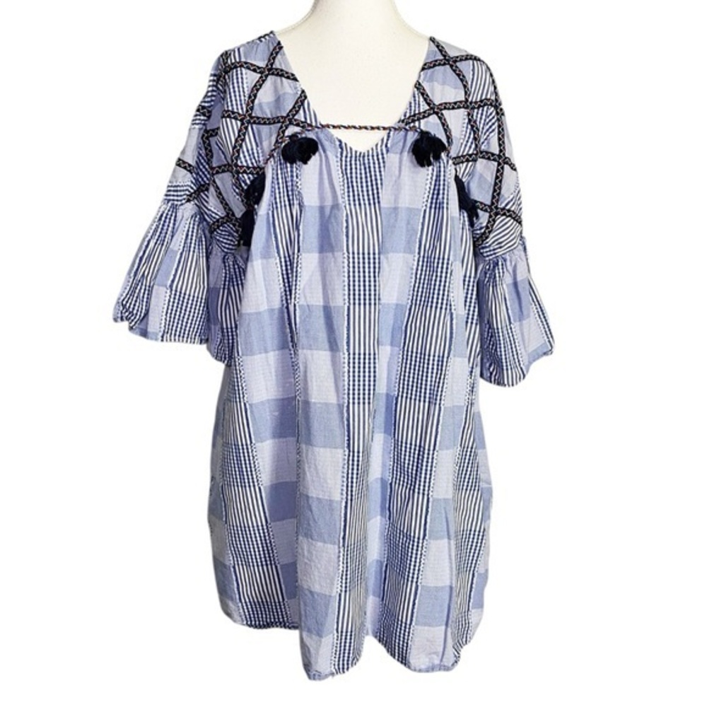 Maeve Blue and White Plaid Patchwork Mini Dress